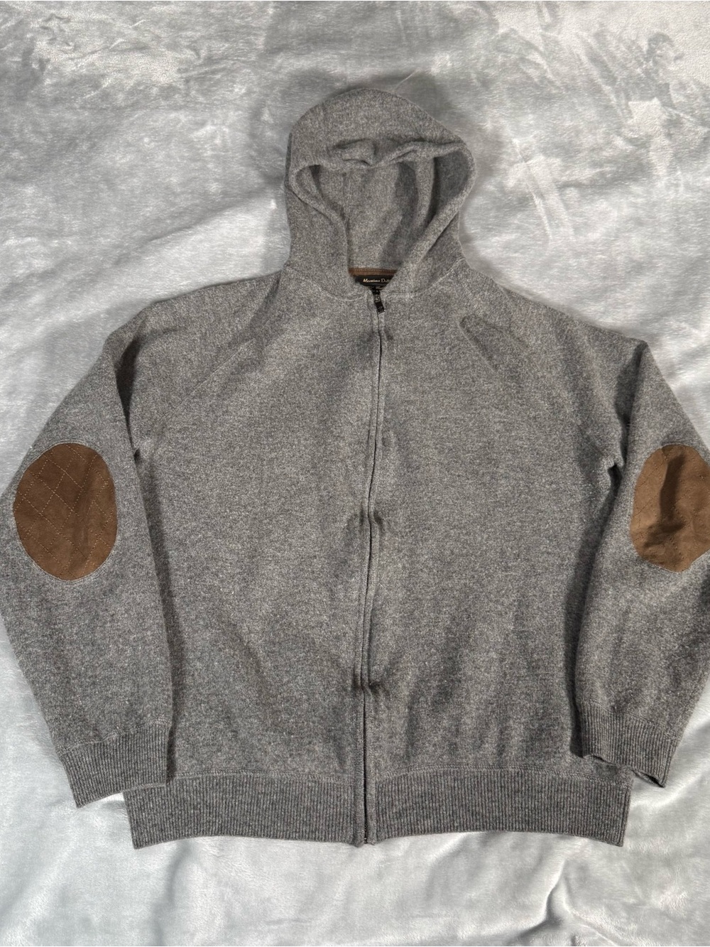 Massimo Dutti Wool Cashmere Hoodie Sweater Womens XL Elbow Patch Full Zip Gray